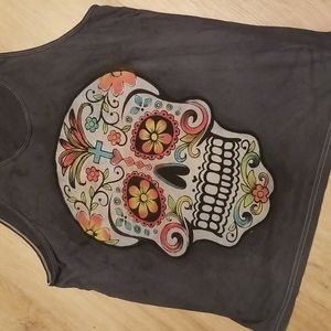 Grunge Gray Sugar Skull Graphic Tank Top Large
